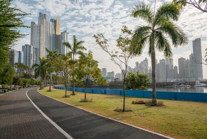 Panama City ocean promenade, sidewalk of public park with skyline backgound - Avenida Balboa