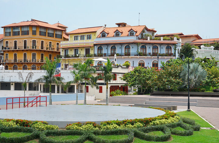 Colorful Spanish colonial houses in the Casco Antiguo viewed from the Plaza Quinto Centenario, Panama City, Panama, Central America