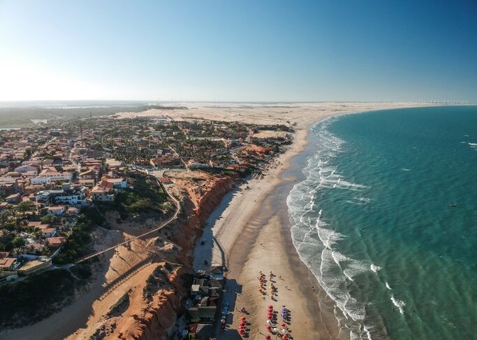 Aerial view of Canoa Quebrada beach city, famous place in Ceara State, Northeast Brazil