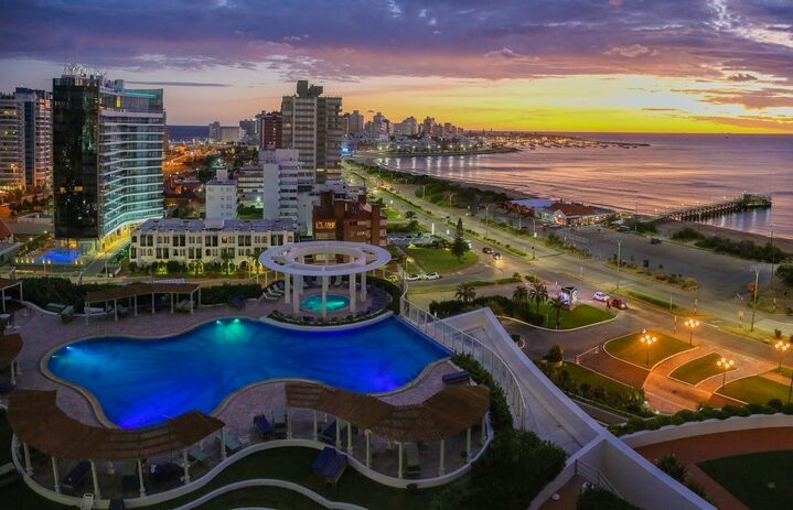 Aerial view over Punta Del Este and Atlantic Ocean on sunset. Uruguay.