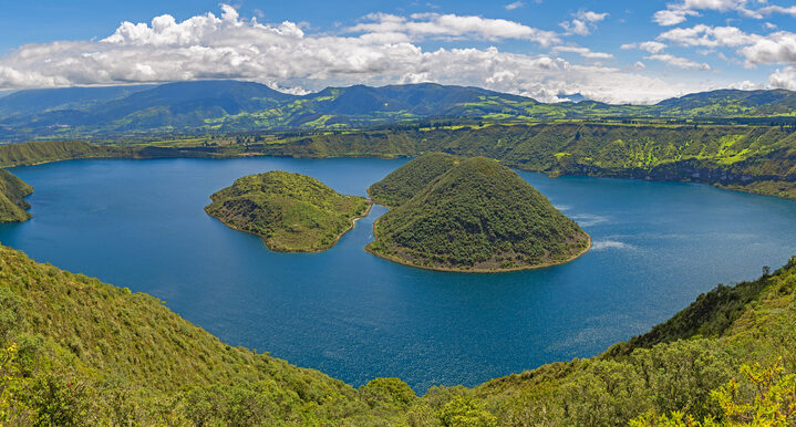 Panorama of Cuicocha Lake along the hike, Otavalo, north of Quito, Ecuador.