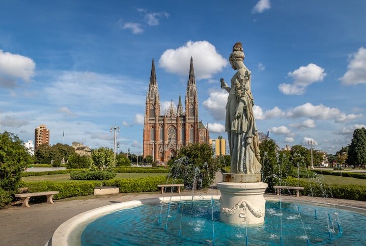 La Plata Cathedral and Plaza Moreno Fountain - La Plata, Buenos Aires Province, Argentina