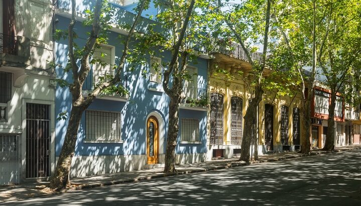 Street with residential buildings near center of Uruguayan capital, city Montevideo