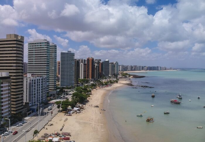 Skyline of Fortaleza city beach. Ceara, Brazil. Aerial view