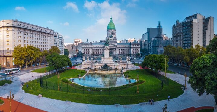 Panorama of the city of Buenos Aires. Aerial panorama of the square near Congreso at sunny day. Argentina