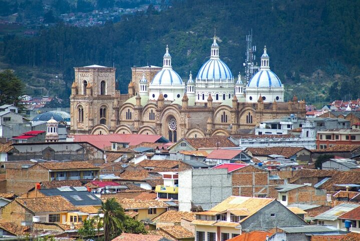 View of the Cuenca Cathedral, in middle of the city, on a overcast day