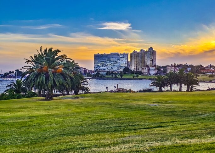 Urban winter day scene at waterfront park at buceo neighborhood in montevideo city, uruguay