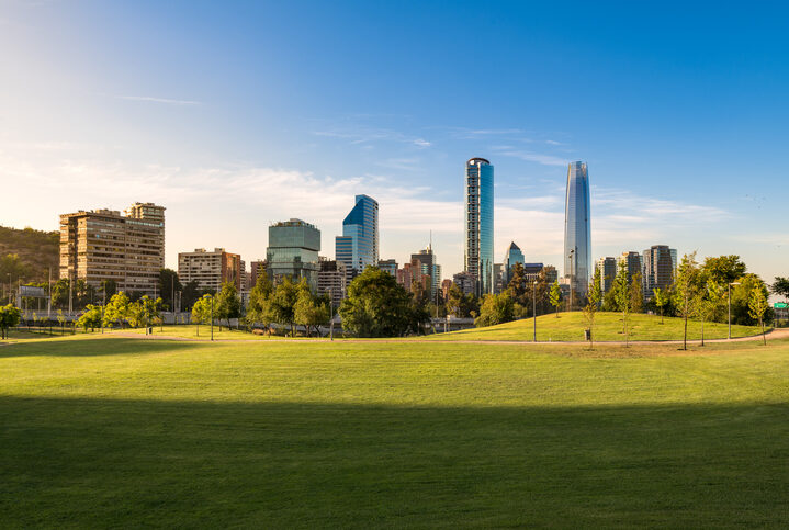 Skyline of buildings at Vitacura and Providencia districts from Parque Bicentenario, Santiago de Chile