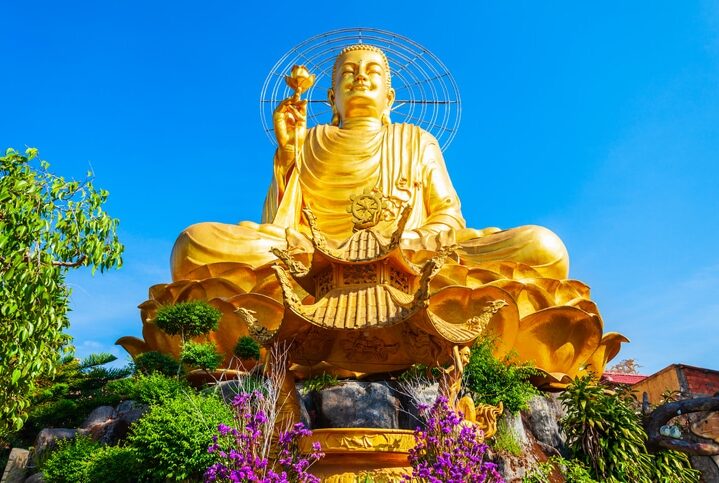 The Golden Buddha statue or Thien vien Van Hanh in Dalat city in Vietnam