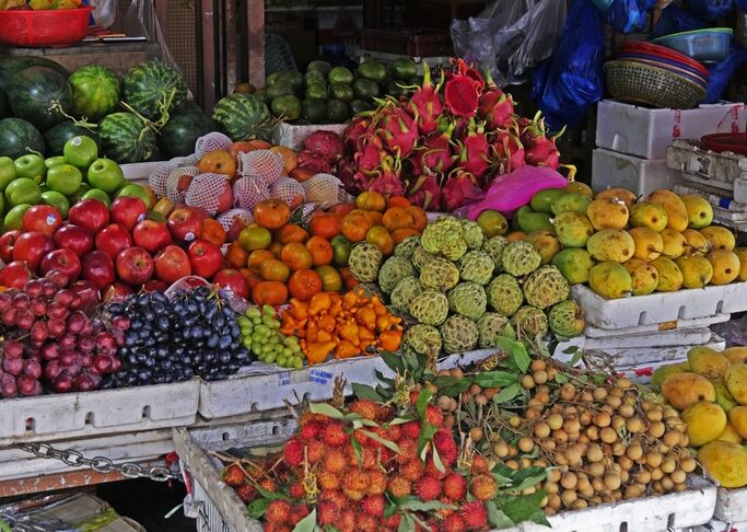 Vietnam, Quang Nam Province, Hoi An City, Old City listed at World Heritage site by Unesco, the Market, Stall with Fruits